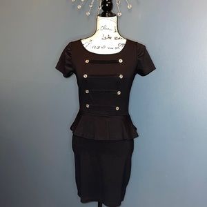 Pink Rose Button Detail Black Peplum Dress Size S